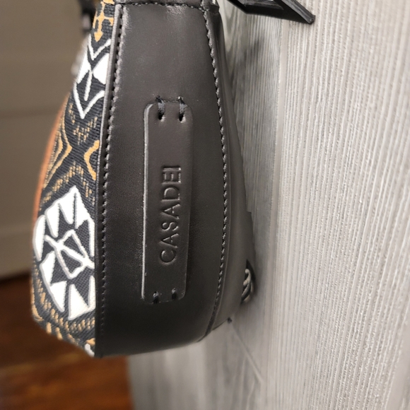 Casadei NWOT brown and black geometric pattern fabric shoulderbag. - Picture 3 of 9